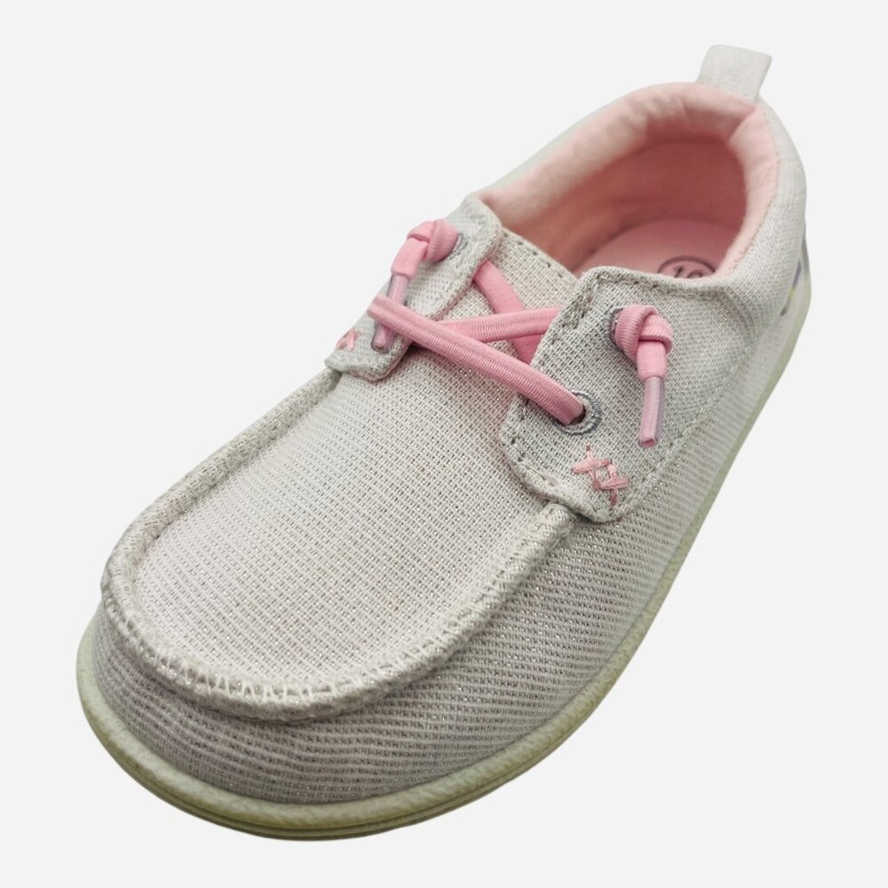 Toddler Girls' Beige Boat Shoes Pink Accents Slip-On Casual Lightweight Canvas